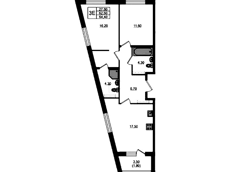 2-комнатная квартира 64.4 м², 3/4 эт., ЖК «Пулковский дом»